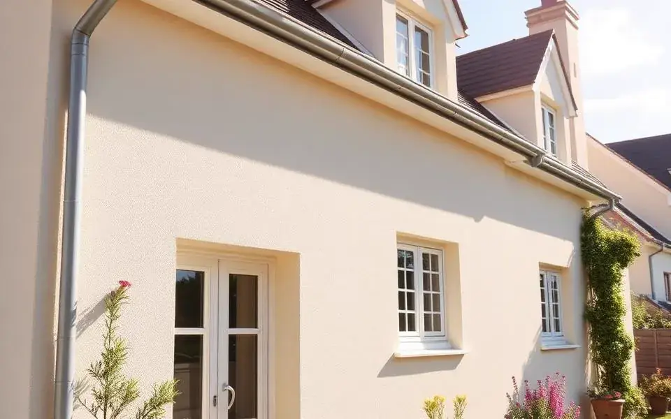 Façade ravalée en enduit clair avec gouttières zinc à Chelles