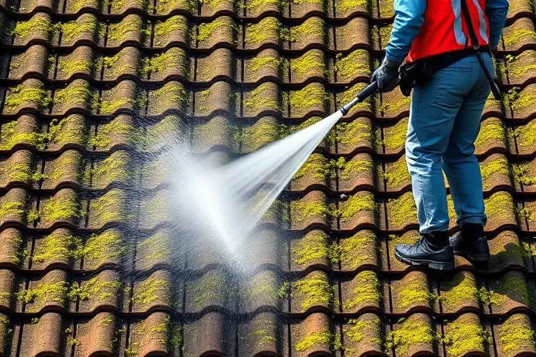 Démoussage haute pression d'une toiture en tuiles