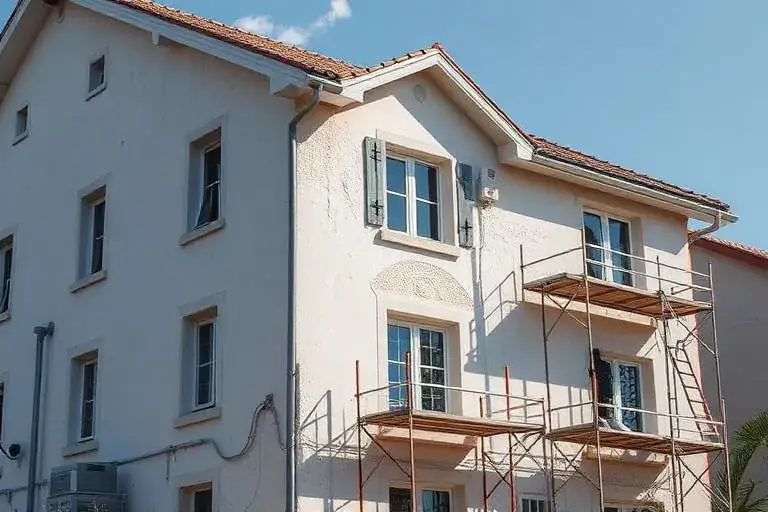 Ravalement de façade avec échafaudage et enduit projeté